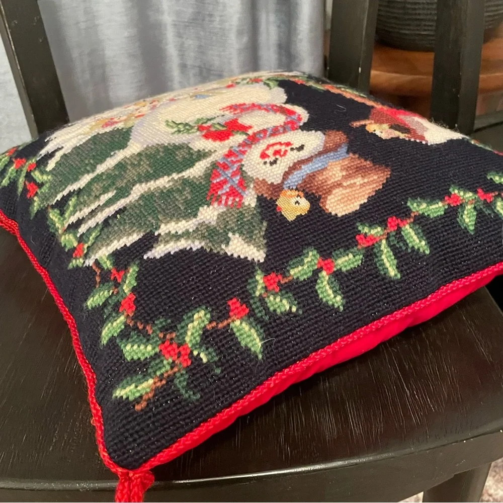 100% Wool Handmade Needle Point  snowman Pillow Christmas 13x13”